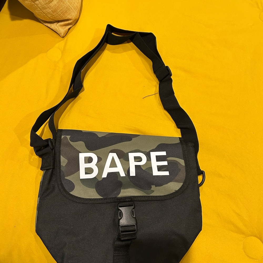 Bape Green and Black Messenger Bag with Camouflage Design